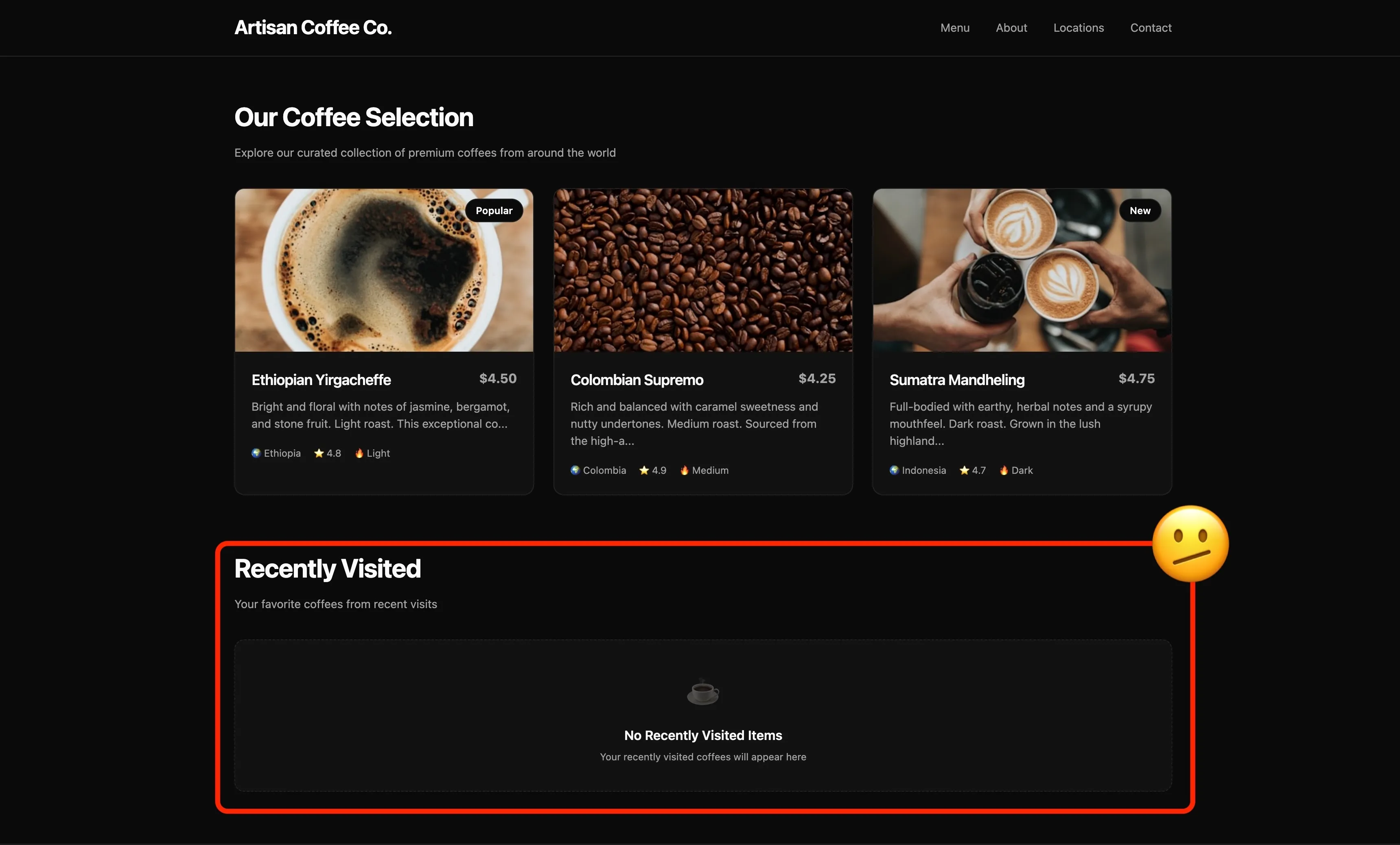 image of the webshop home page with recently visited section empty/not working