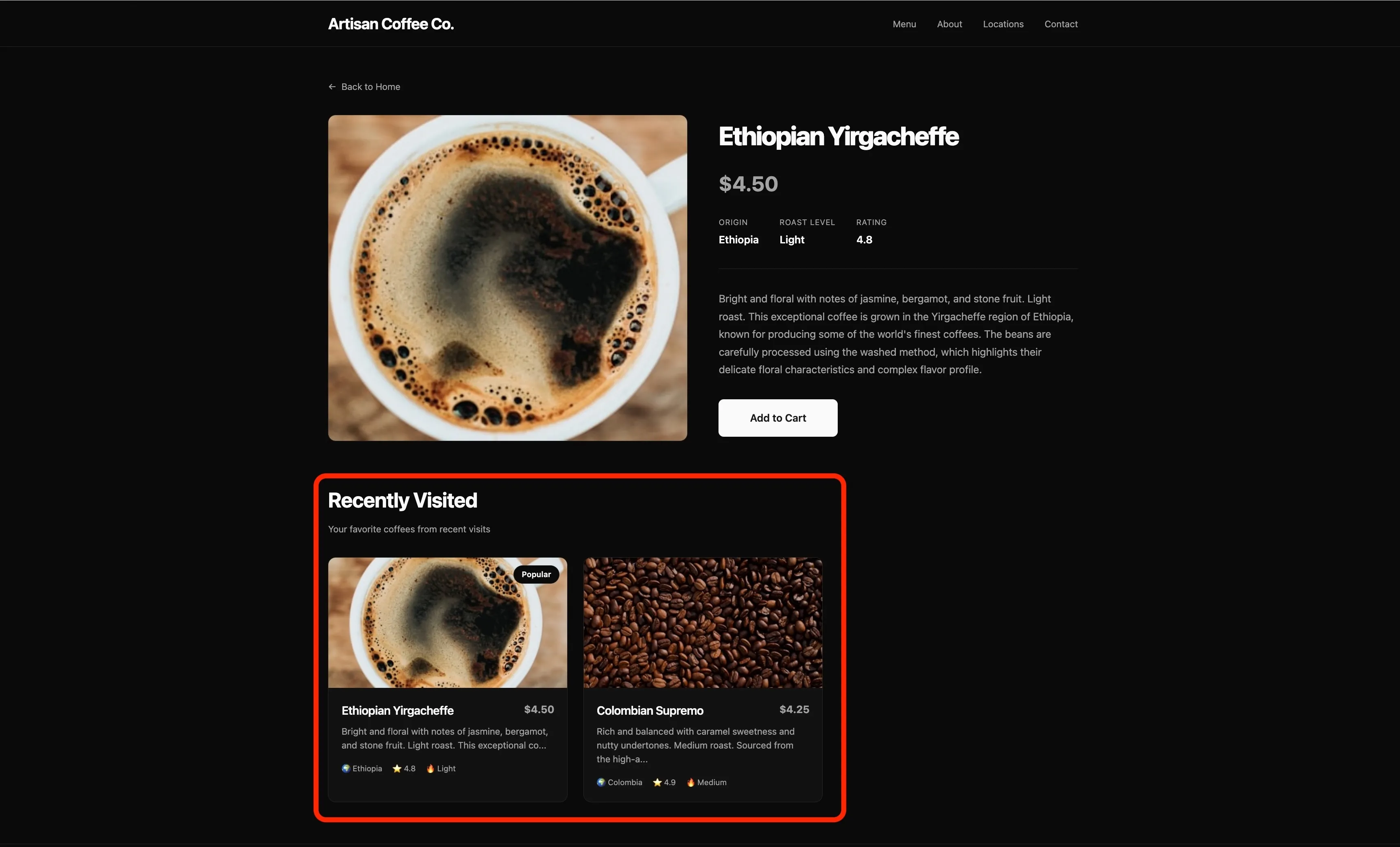 image of the web shop product page with recently visited section working